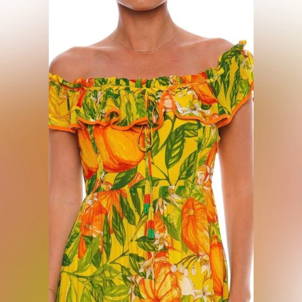 FARM Rio Tangerines Ruffled Midi Dress Size Medium - Picture 3 of 3